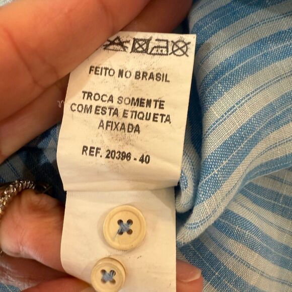 Richards Balneário Linen Button-Up Shirt Blue White Striped Mens Sz 3 M/L Brazil - Picture 7 of 9